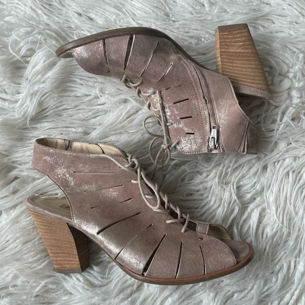 Paul Green Metallic Cayenne Blush Leather Cosmo Lace Up Open Toe Heeled Bootie 9